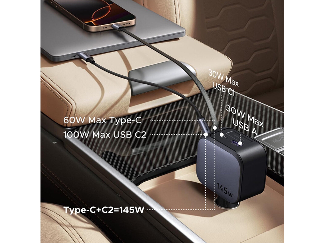 Cargador De Coche Ugreen De 145 W Con 4 Puertos Usb Pd Y Cable Usb-c Integrado (2 Usb-c Usb-a Qc3.0 Pd 3.0 Qc 3.0 Pps Scp
