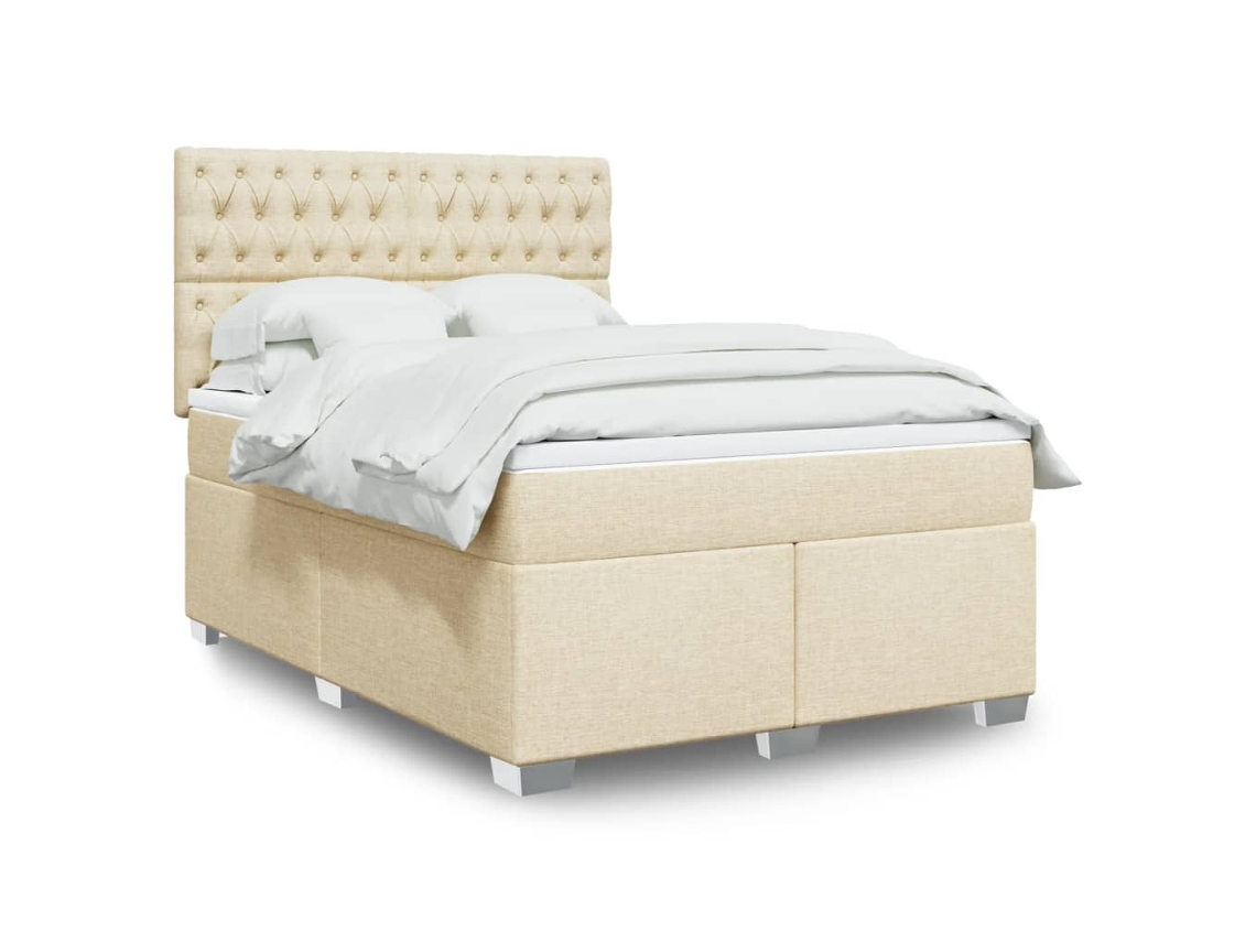 Cama Box Spring Con Colchón Tela Color Crema 140x200 Cm