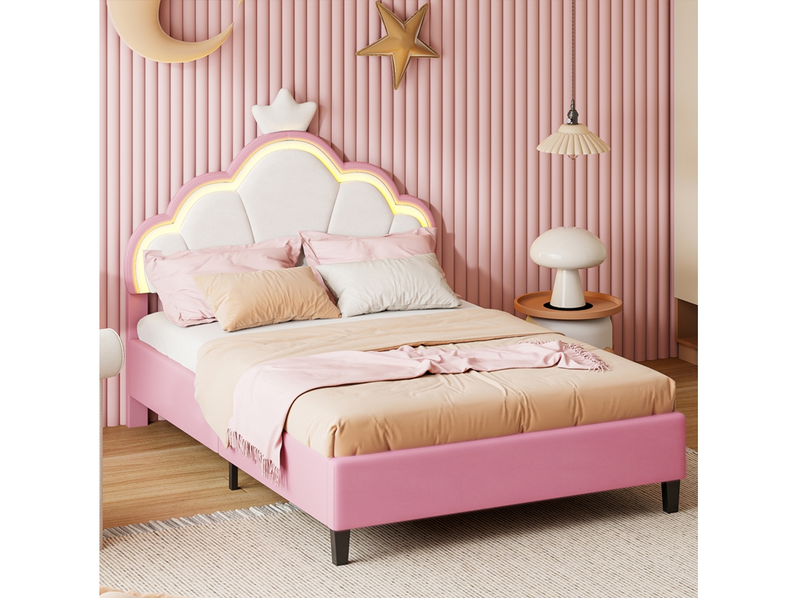 Cama Infantil 90x200cm Con Cabecero Corona Nube Y Luz Led Rgb - Control Por App, Altura Regulable, Veludo Rosa Y Blanco, Estilo Princesa