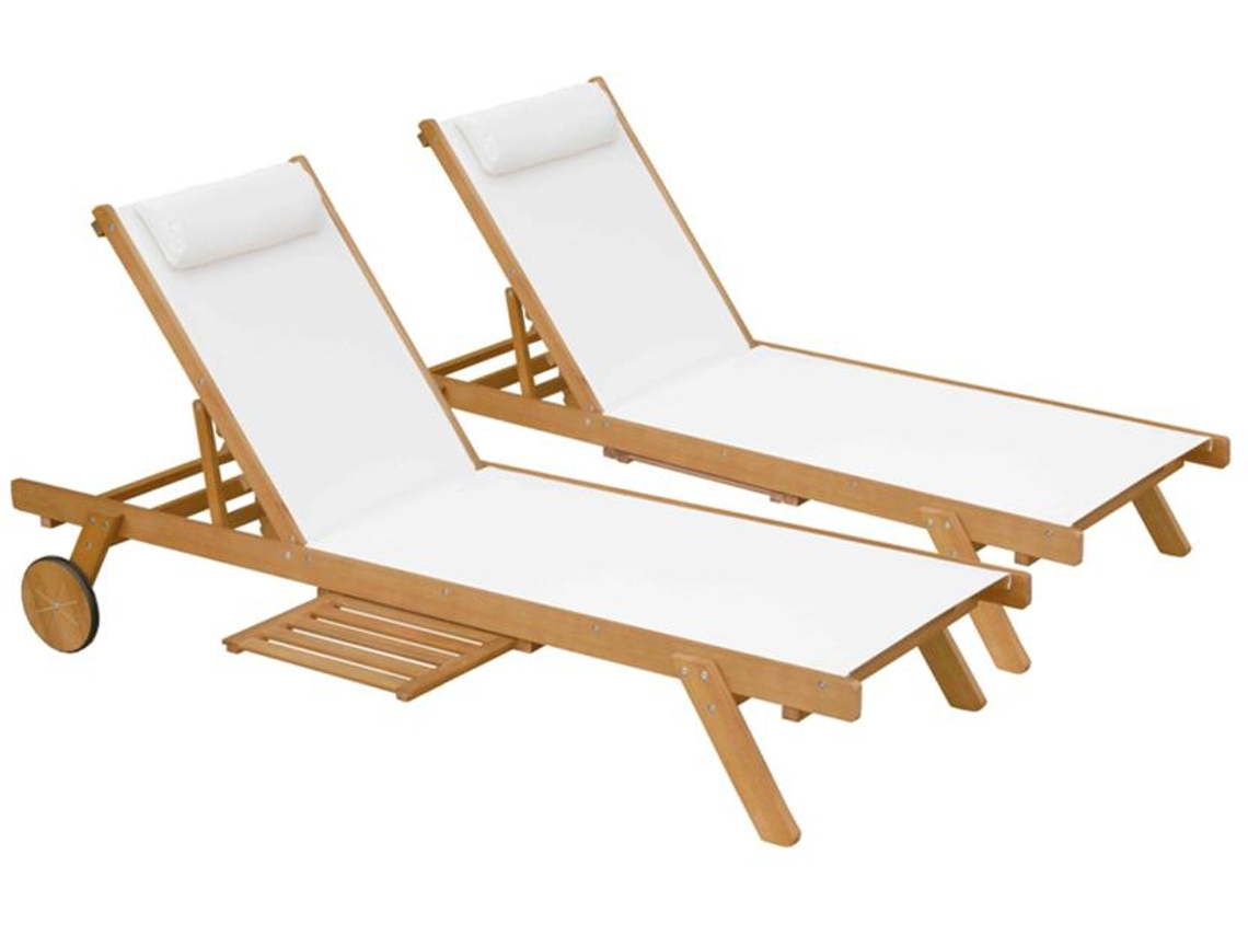 Juego de 2 Tumbonas con Almohada y Bandeja, 5 Posiciones en Madera de Eucalipto FSC®