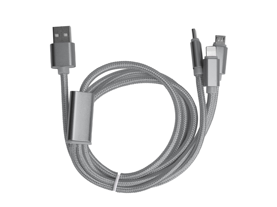 Cable De Carga Rápida Usb Trenzado De Nailon 3 En 1 Para Puertos Ios Type C Micro Usb Gris