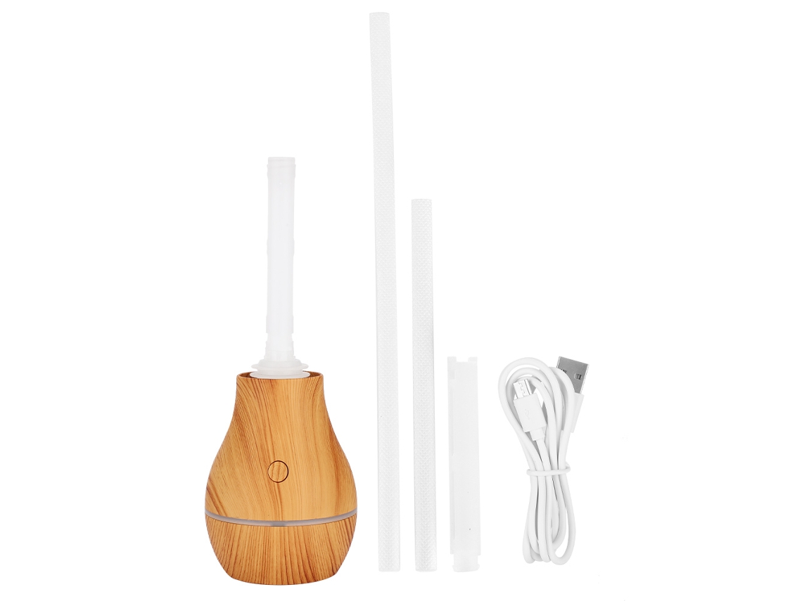 Humidificador portátil de agua en botella, vapor frío, USB, con luz y textura de madera.