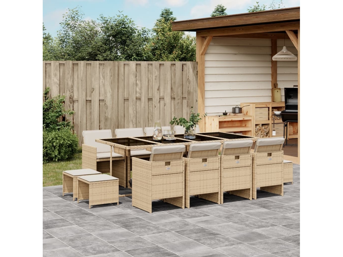 Juego de comedor de jardín de 13 piezas con cojines, mimbre sintético beige, DKD Home Decor