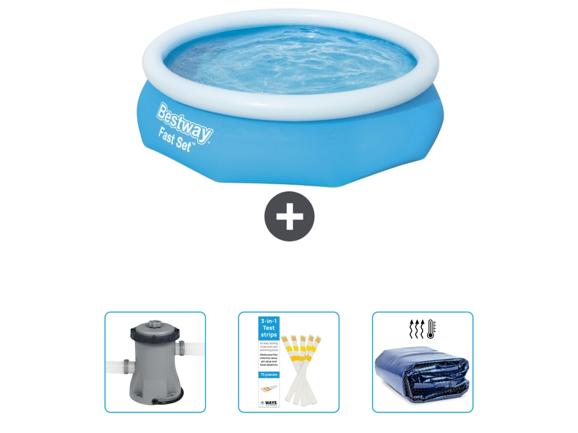 Piscina Hinchable Redonda Fast Set BESTWAY - 305 x 76 cm - Azul - Incluida Bomba - Tiras de prueba - Vela solar