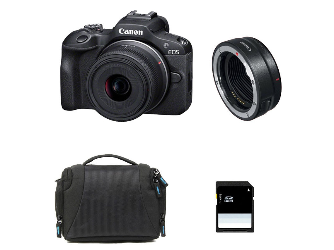 Canon EOS R100 + Objetivo RF-S 18-45mm f/4.5-6.3 IS STm + Bolsa + Tarjeta SD de 8GB + Anillo EOS R
