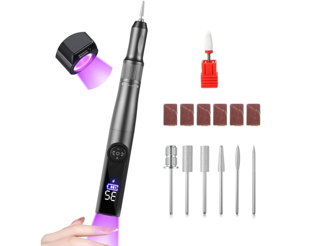 Lima de uñas eléctrica con luz ultravioleta, taladro inalámbrico combinado 2 en 1 con 35000 RPM y pantalla LCD gris, Yunzii