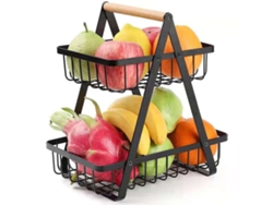 Cesta de almacenamiento de hierro y madera, 2 niveles, desmontable, para frutas y verduras, sala de estar, cocina, mesa, color negro.