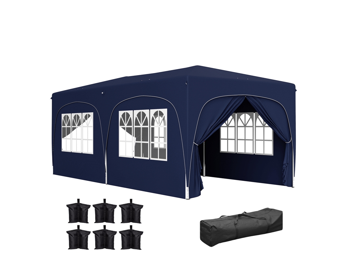 Cenador plegable de 3x6 m con paneles laterales, protección UPF50, altura ajustable, bolsa azul oscuro.