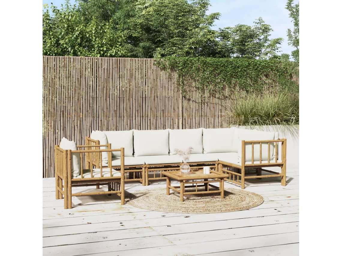 Conjunto de jardín de bambú de 2 piezas con cojines en blanco crema, Dkd Home Decor