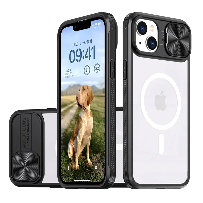 (iphone 7 Plus, Negro) Funda Protectora Magnética Magsafe Con Carga Inalámbrica Y Cubierta Deslizante De Lente Acrílica