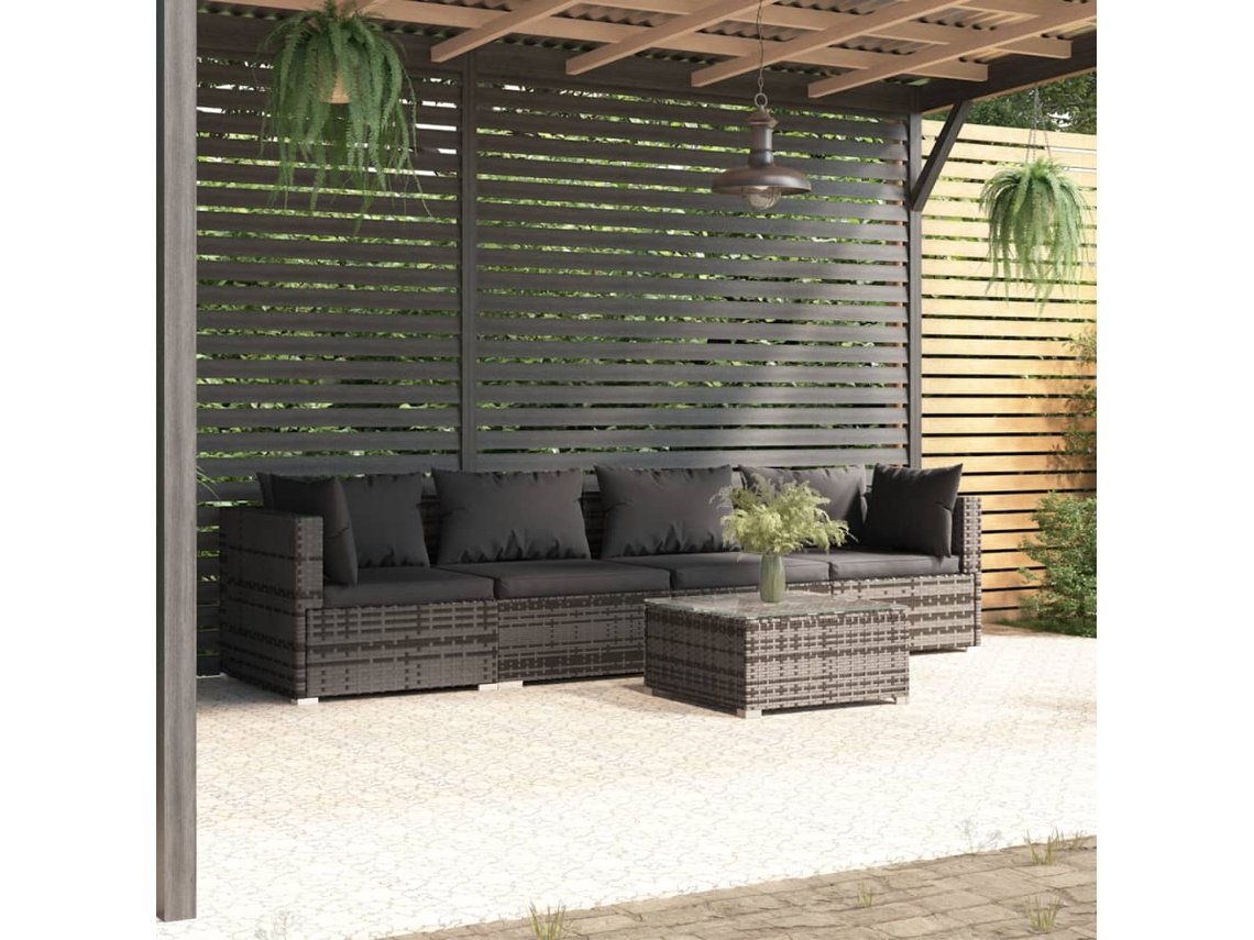 Conjunto de jardín de 5 piezas con cojines, ratán gris, DKD Home Decor