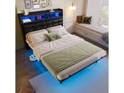 Cama Doble De 140x190 Cm, Tapizada En Tela, Con 2 Mesitas De Noche, Usb-c Y Luz Led Gris.
