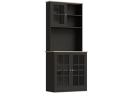 Aparador De Cocina , Mueble Alto De Almacenamiento Con Encimera, 3 Puertas De Cristal, 2 Nichos Y Estantes Ajustables, 80 X 37 X 183 Cm, Roble Negro.
