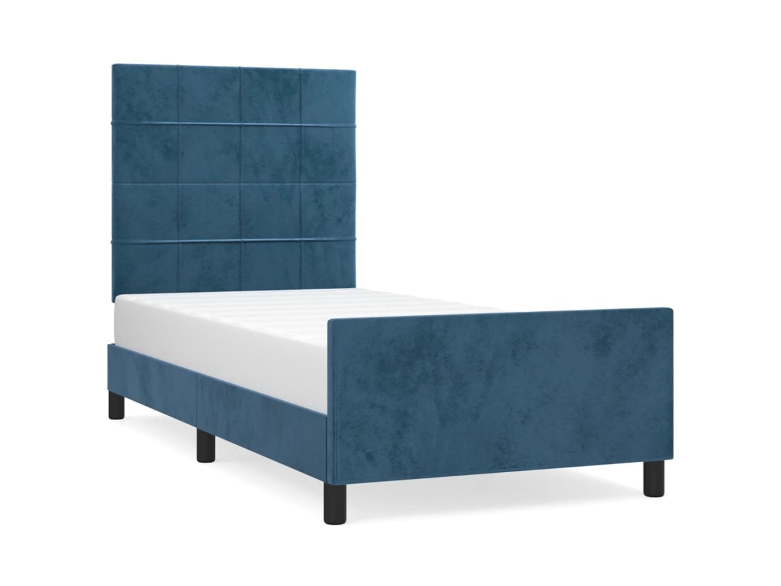 Cama de terciopelo azul oscuro con plataforma y cabecero (90x200 cm)