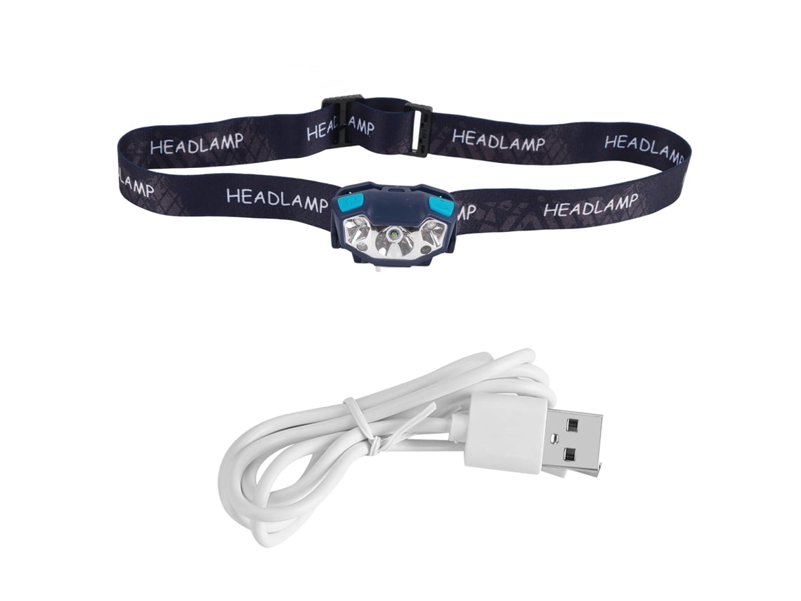 Potente linterna frontal LED con sensor, recargable e impermeable para uso en exteriores.
