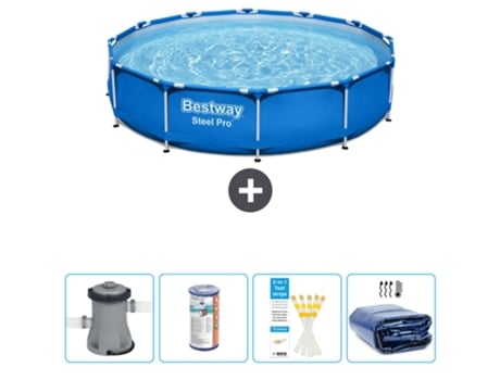 Piscina BESTWAY Round Steel Pro - 305 x 76 cm - Azul - Bomba incluida Filtrar - Tiras de prueba - Vela solar