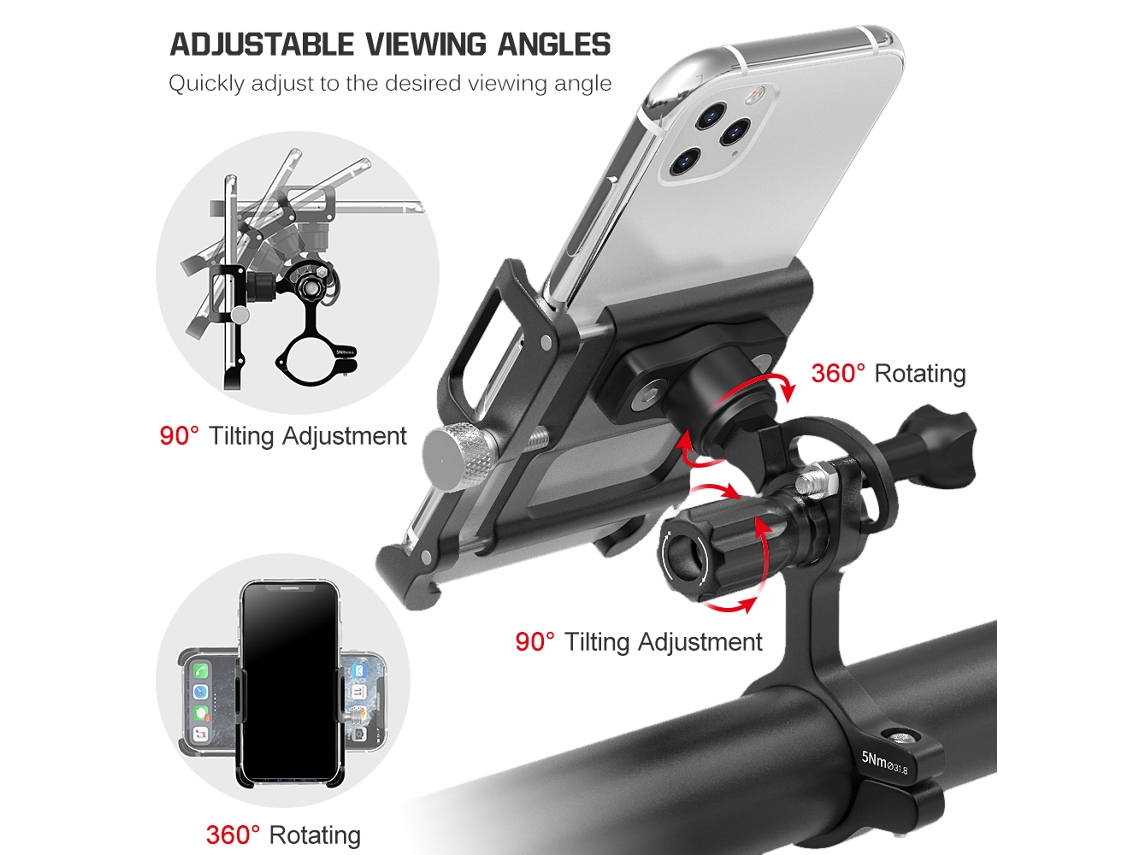 Soporte De Aluminio Para Teléfono De Bicicleta Con Rotación De 360°, Ajustable Y Con Sistema Antivuelco Para El Manillar.