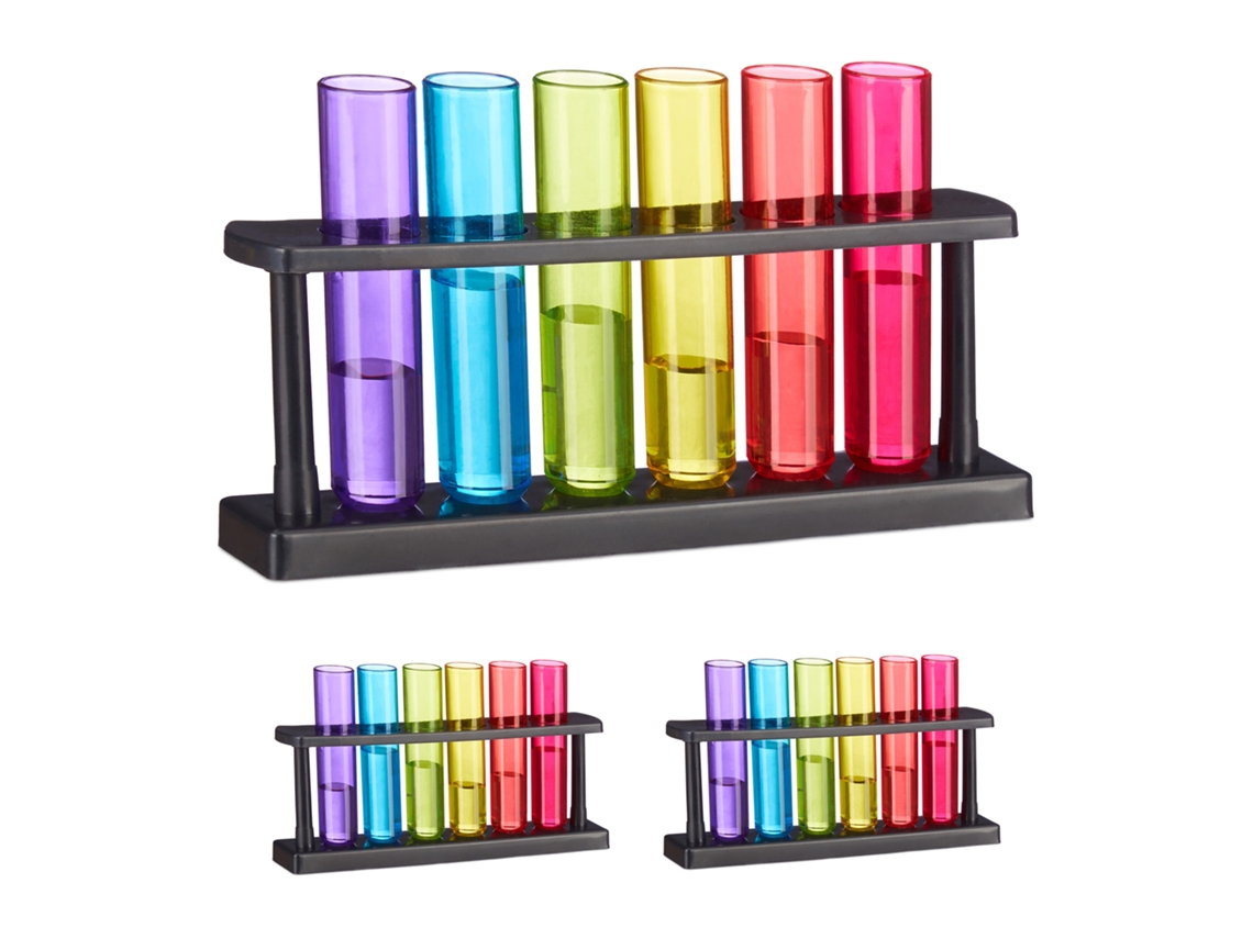 Relaxdays Pack Tubos De Ensayo Para Chupitos, 18 Vasos De Shots, 3 Soportes, Plástico, 40 Ml, Para Fiestas, Multicolor