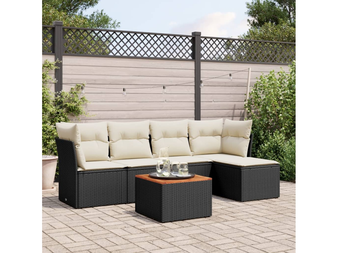 Conjunto de sofá de jardín de 6 piezas con cojines, mimbre sintético negro, DKD Home Decor