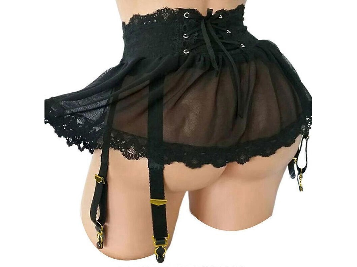 Falda Corta De Lencería Transparente Para Mujer Con Encaje Floral Y Cordones Ajustables Negro M Negro