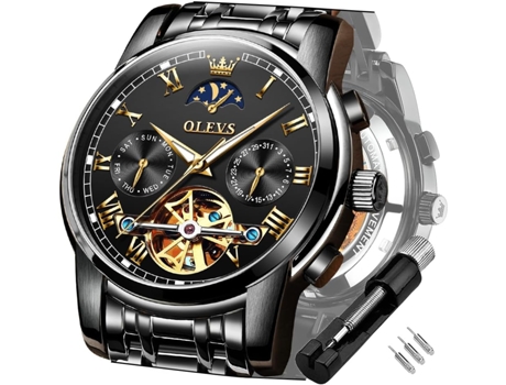 VEANXIN Reloj mecánico automático Tourbillon de acero inoxidable resistente al agua con fecha luminosa para hombre(Correa negra y cara negra.)