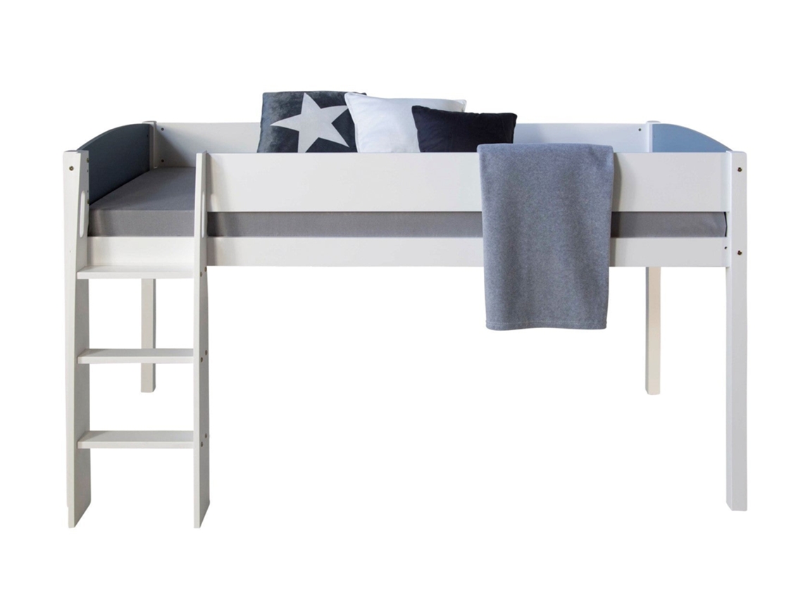 Cama Semi-Alta Con Somier de Láminas 90X200Cm Blanco Y Escalera de Madera Gris Lit06168 MOBIKASA