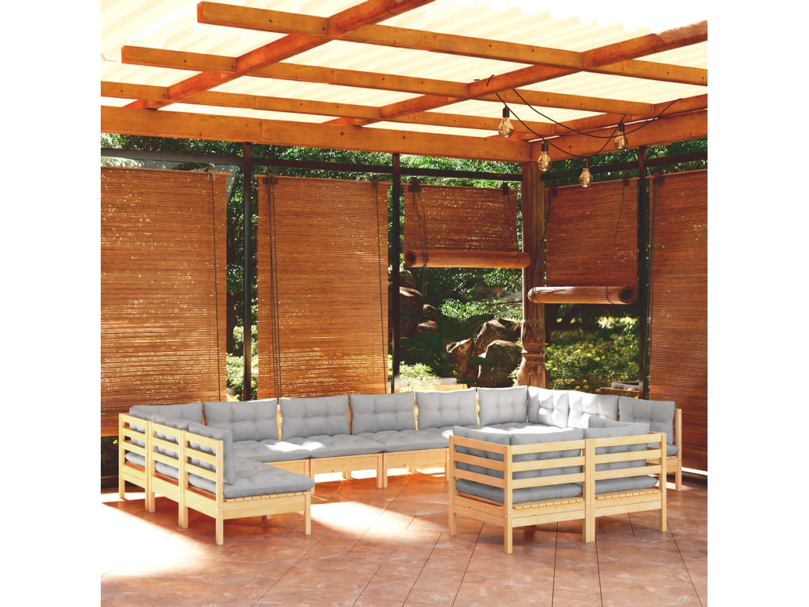 Conjunto de jardín DKD Home Decor de 11 piezas con cojines de pino macizo gris