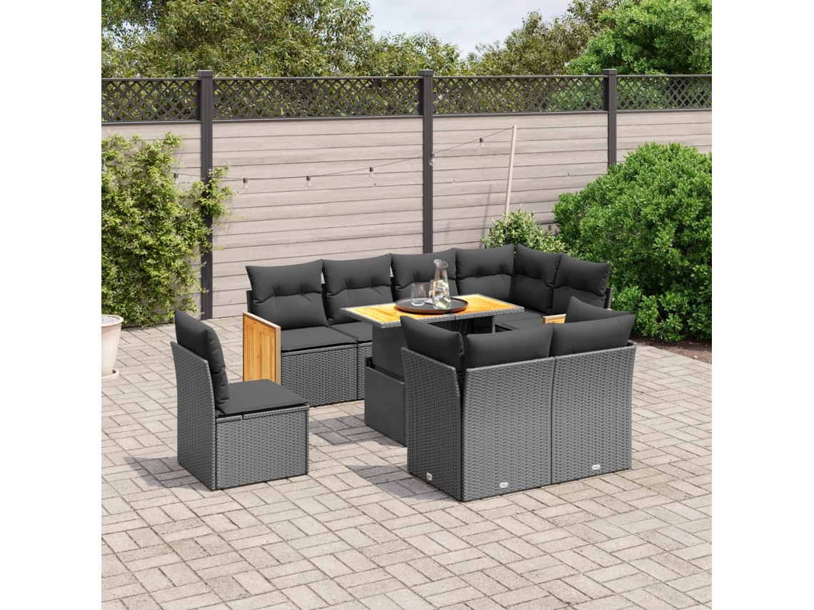 Conjunto de sofá de jardín de 9 piezas con cojines, ratán negro, Dkd Home Decor