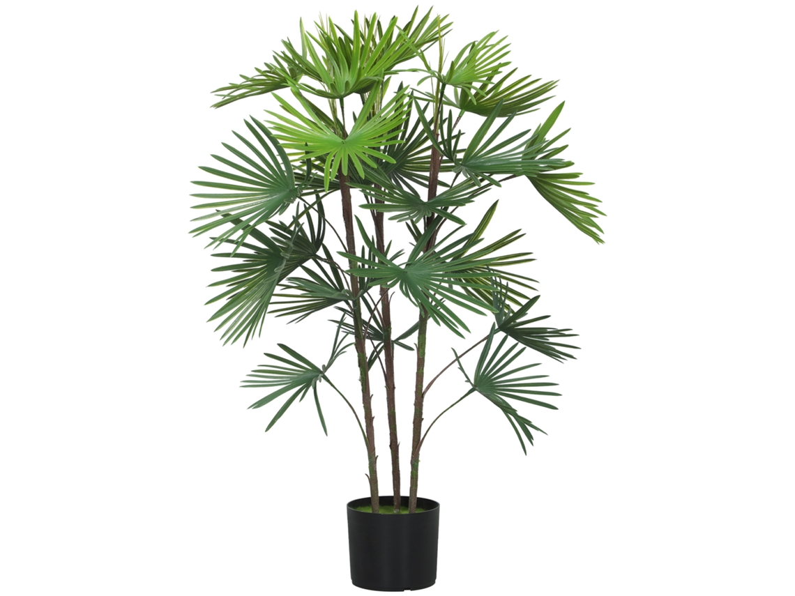 Planta artificial de interior de 90 cm, palmera artificial con maceta de plástico y revestimiento aterciopelado, color verde.