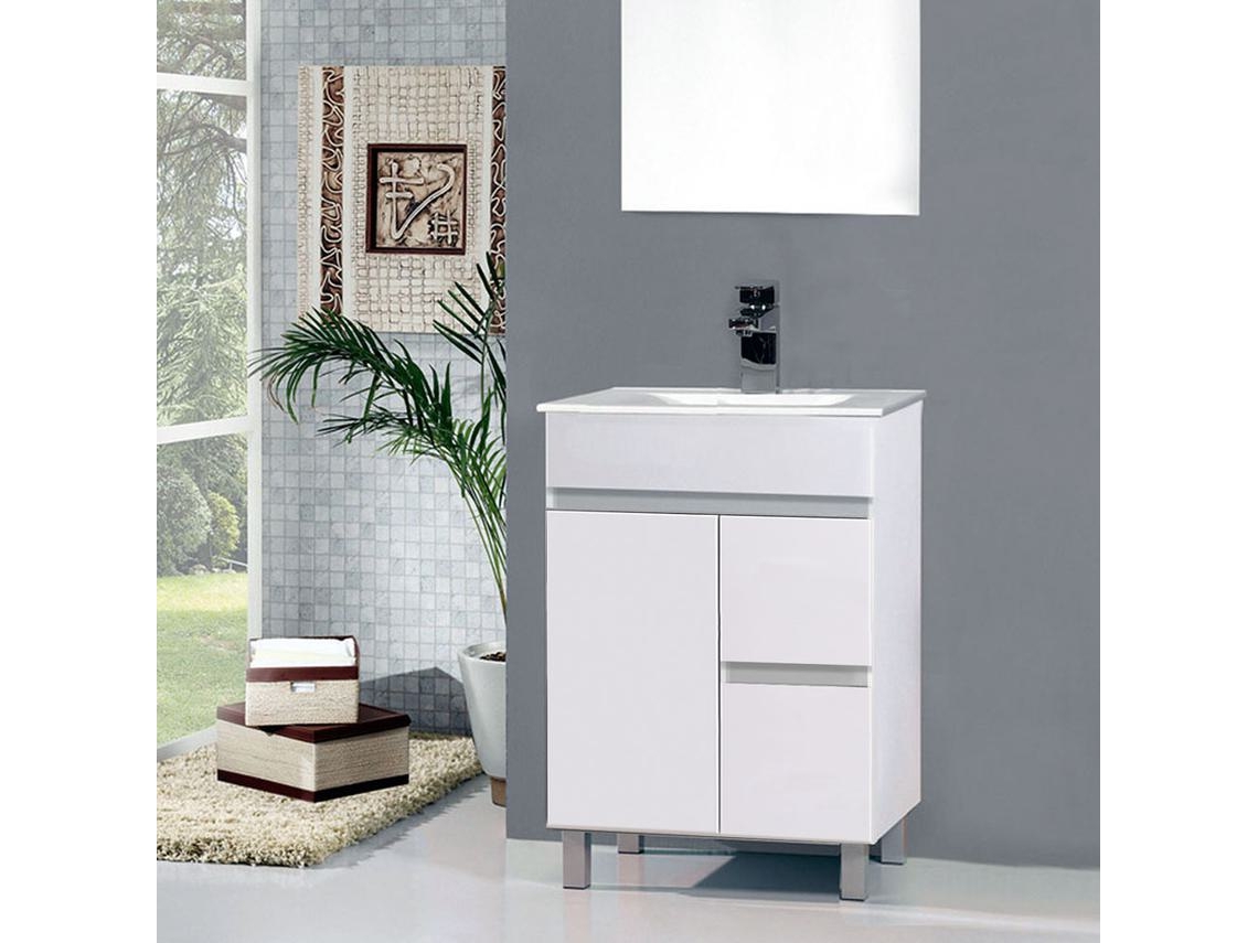 Mueble de baño con Lavabo, Espejo y Aplique LED URBAN 60x45 cm acabado Blanco brillo 2 cajones y puerta