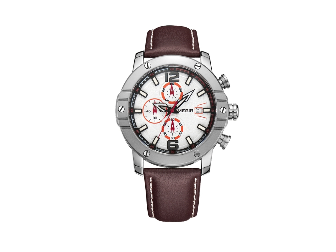 Reloj Hombre Megir Fashion Metal Impermeable Con Correa De Cuero Ajustable Café Blanco