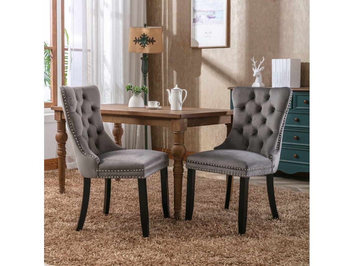 Sillas De Comedor 2 Uds - Tapizadas En Terciopelo Capitoné Con Patas De Madera - Gris