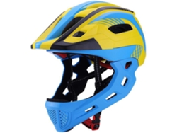 Casco infantil MDUG con protector de barbilla extraíble, amarillo y azul.