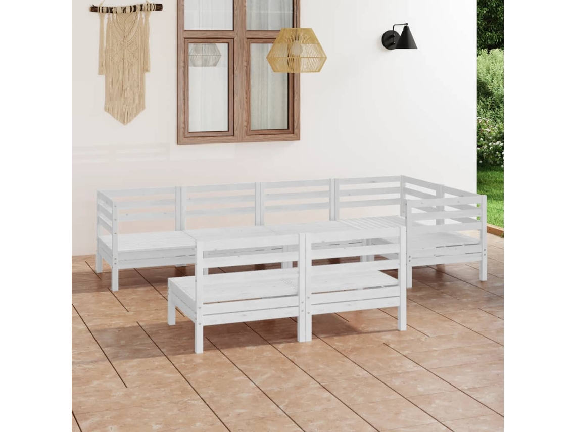 Conjunto de salón de jardín de 7 piezas de pino macizo blanco Dkd Home Decor