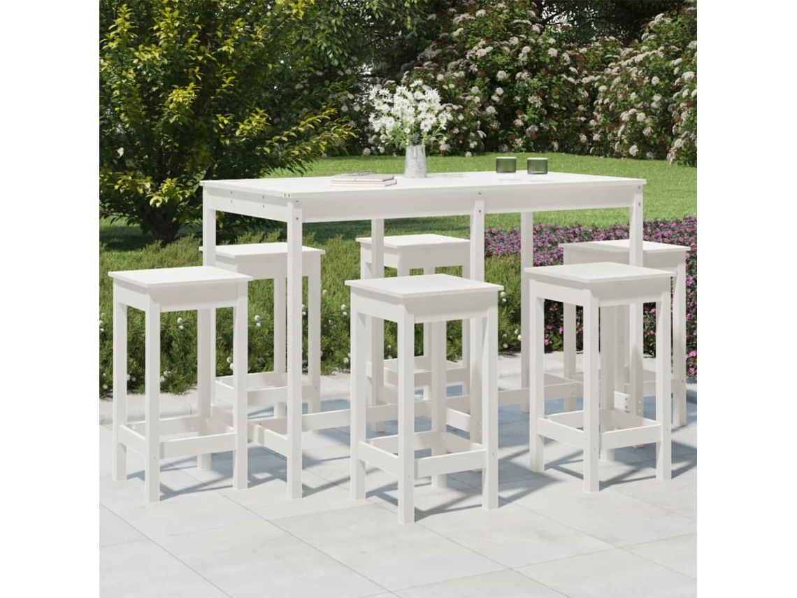 Conjunto Bar 7 Peças Para Jardim Pinho Maciço Branco Dkd Home Decor