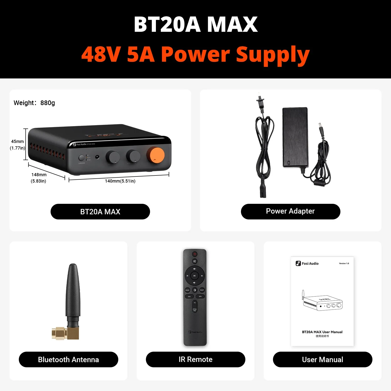 Amplificador Bluetooth 6.0, amplificador estéreo Hi-Fi de 2.1 canales MDUG (fuente de alimentación de 48 V 5 A)