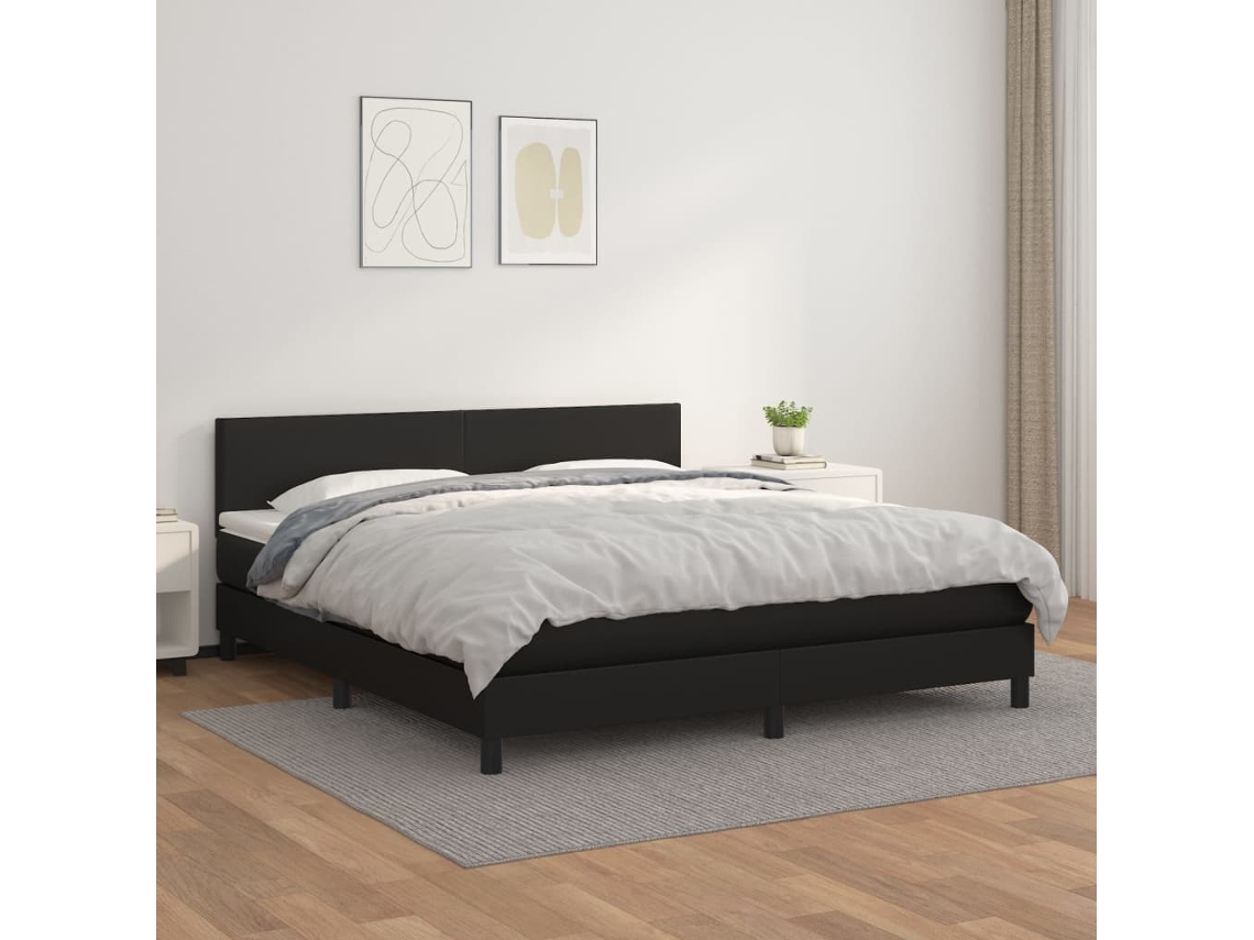 Cama Box Spring Con Colchón Cuero Sintético Negro 160x200 Cm
