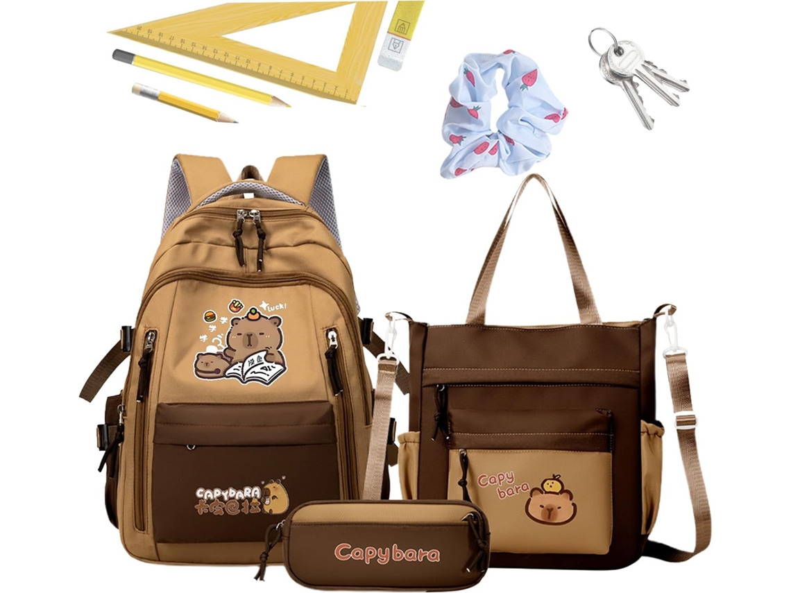 Mochila Escolar Fofa Com Capivara| Impermeável De Grande Capacidade| Design De| Para Livros Estojo E Bolsa De