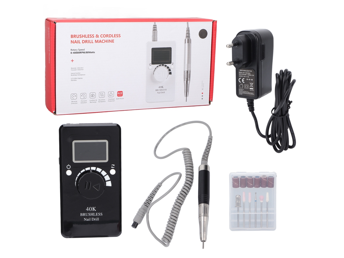 Taladro de uñas eléctrico sin escobillas de 40000 rpm y 80 W, herramienta portátil de manicura y pedicura ABS para salón de uñas, 100-240 V