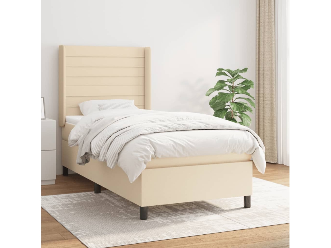 Cama Box Spring Con Colchón Tela Color Crema 90x200 Cm