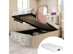 Cama Algodón Beige 90x200 Cm, Led, Usb-c, Estructura Metal/madera, Carga 150 Kg, Con Colchón.