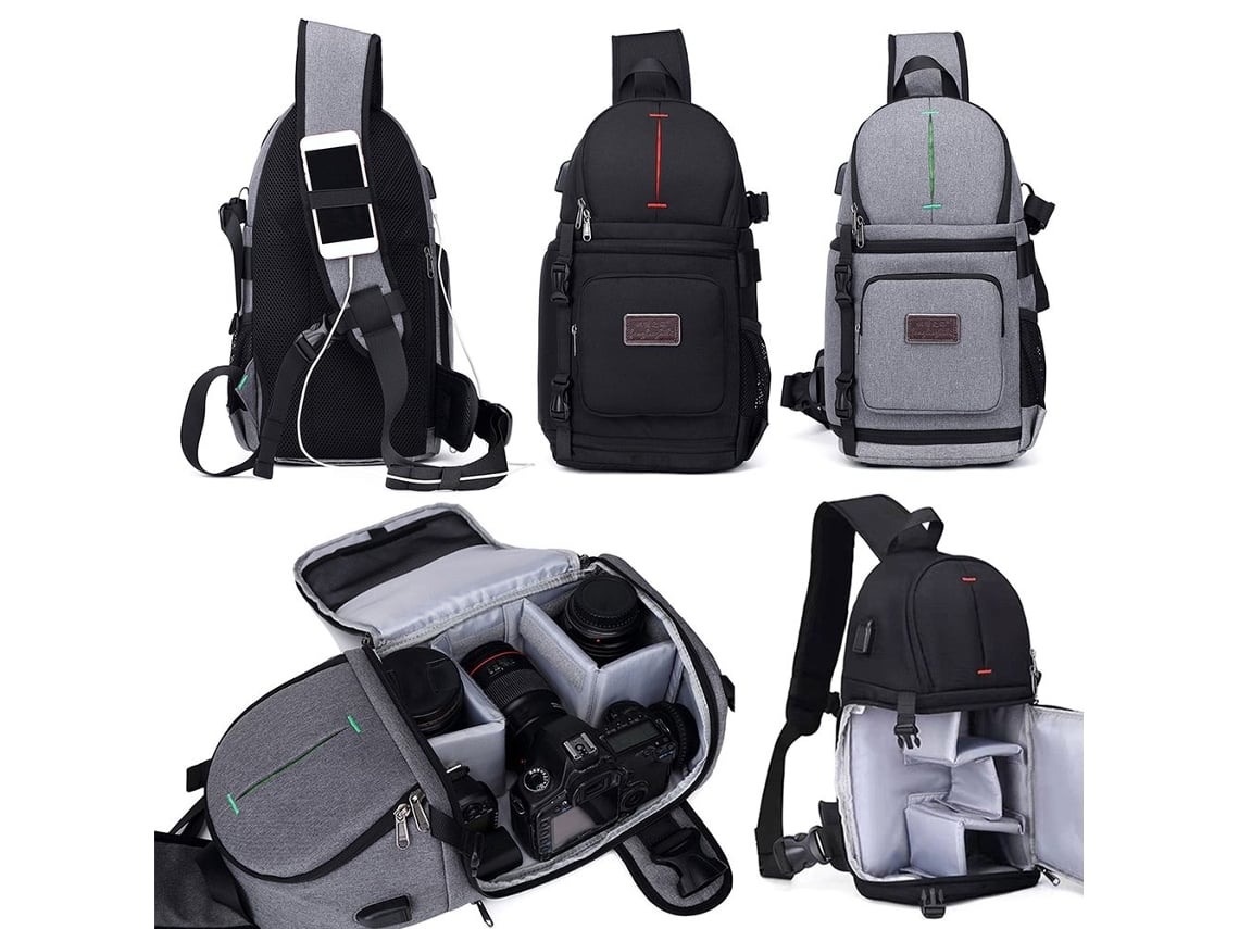 Bolsa para cámara réflex con puerto de carga USB externo.