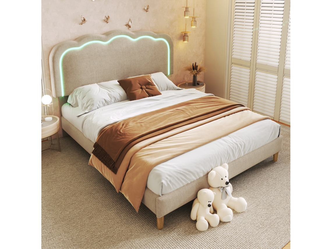 Cama De Lino Beige De 140x200 Con Led