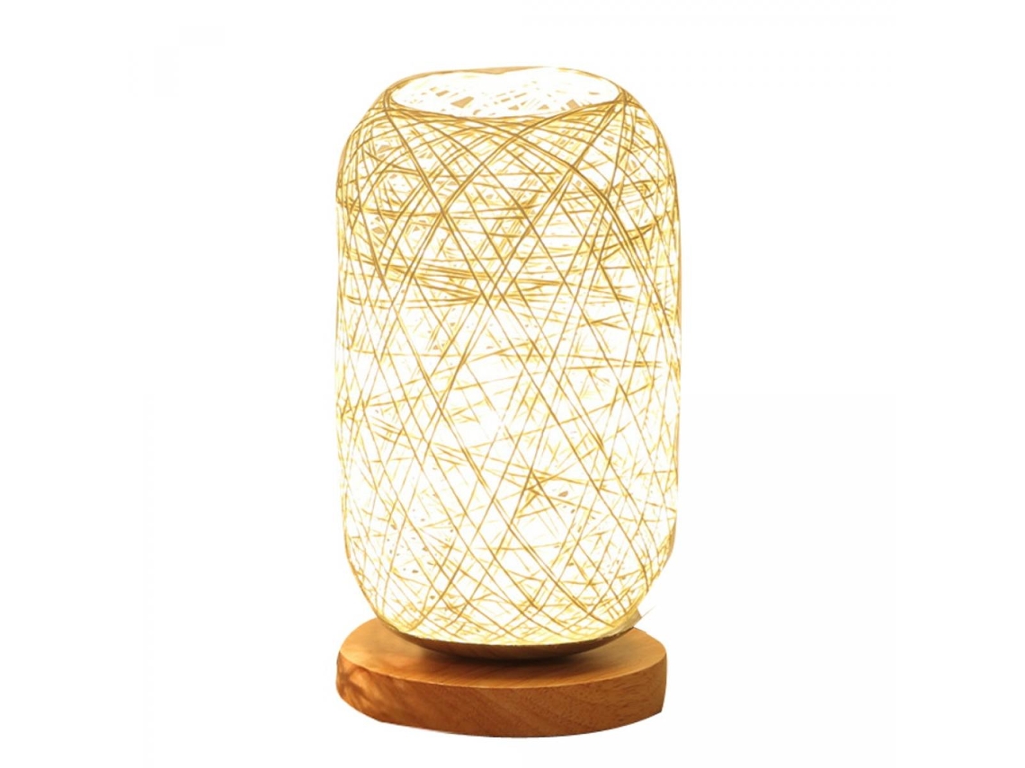 Lámpara de mesa de madera nórdica, lámpara de noche para dormitorio, lámpara artística deco para escritorio, lámpara de bola de ratán con carga USB