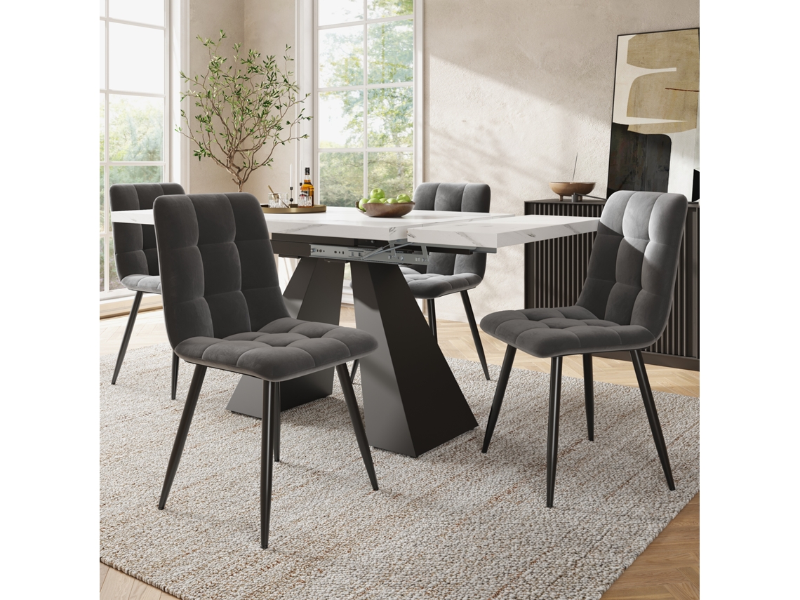 Una Mesa De Comedor Retráctil Con Diseño De Mármol (para 4 Personas) Y Cuatro Sillas De Terciopelo Gris.