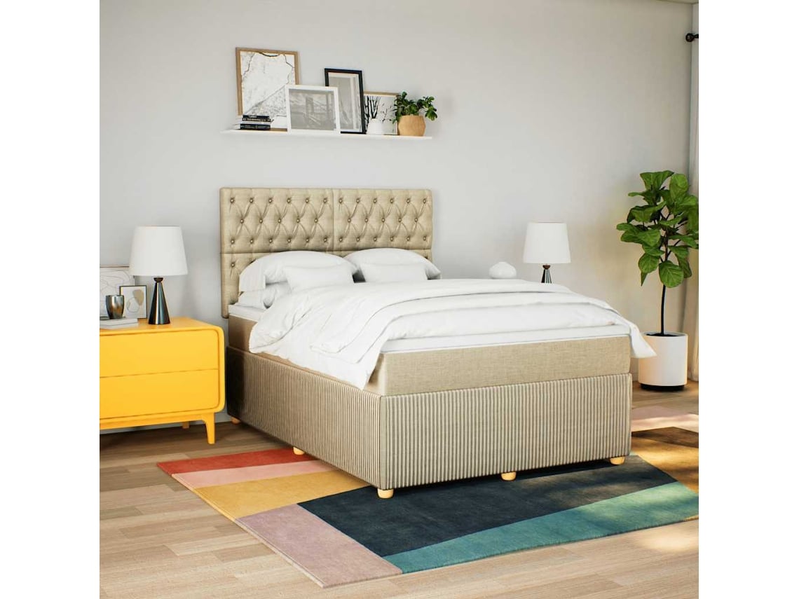 Cama Box Spring Con Colchón Tela Color Crema 160x200 Cm