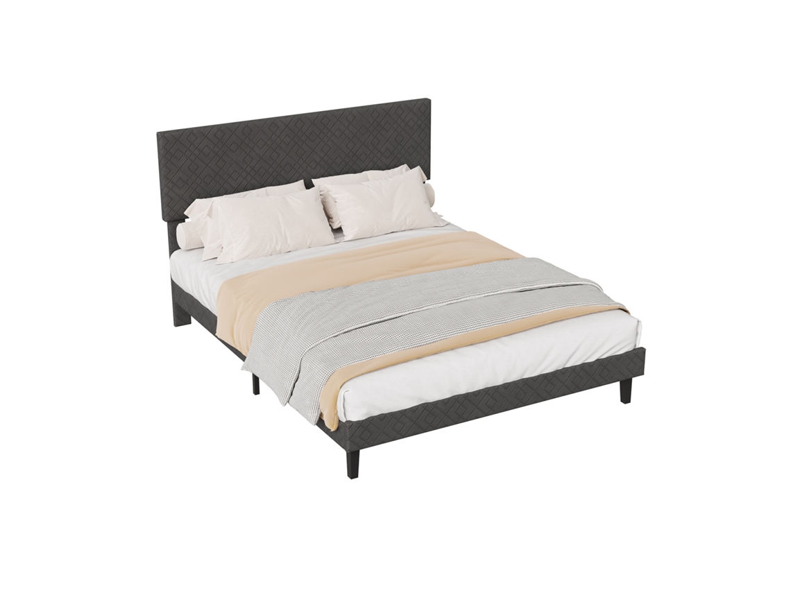 Cama Doble De 140 X 200 Cm, Con Estructura Tapizada En Lino, Cabecero Acolchado Y Plataforma.