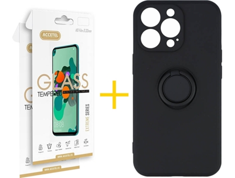 Carcasa + 2 Protectores de Vidrio iPhone 13 Pro ACCETEL Gel O-Ring Negro