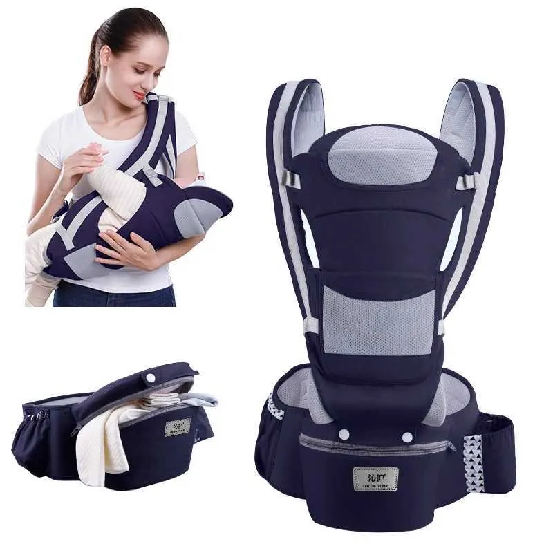 Portabebés con asiento de cadera y correa delantera, bolsa de pañales multifuncional para salidas de Digitallab (azul oscuro)