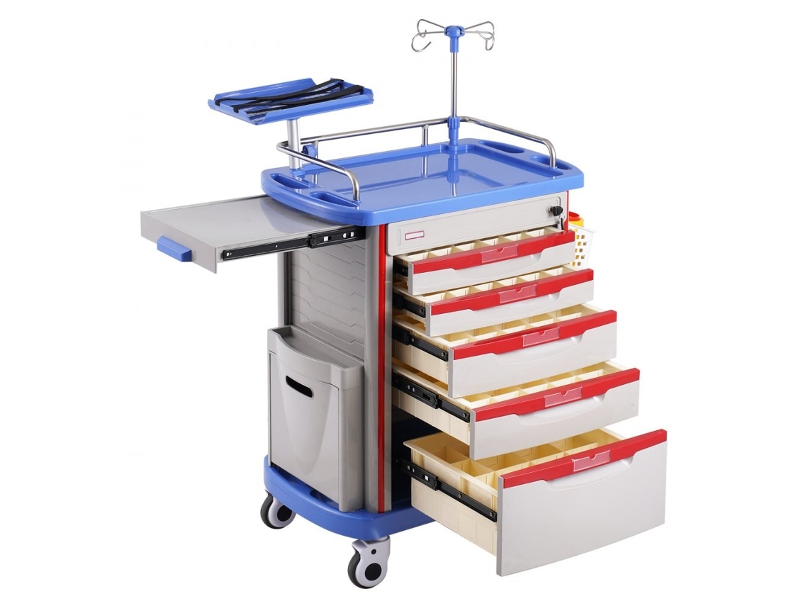 Carro Multiusos Para Laboratorio Y Clínica Azul Con Estructura En Pp, 5 Cajones Silenciosos Y Protección Antideslizante Hasta 200 Kg Tekmaquinas